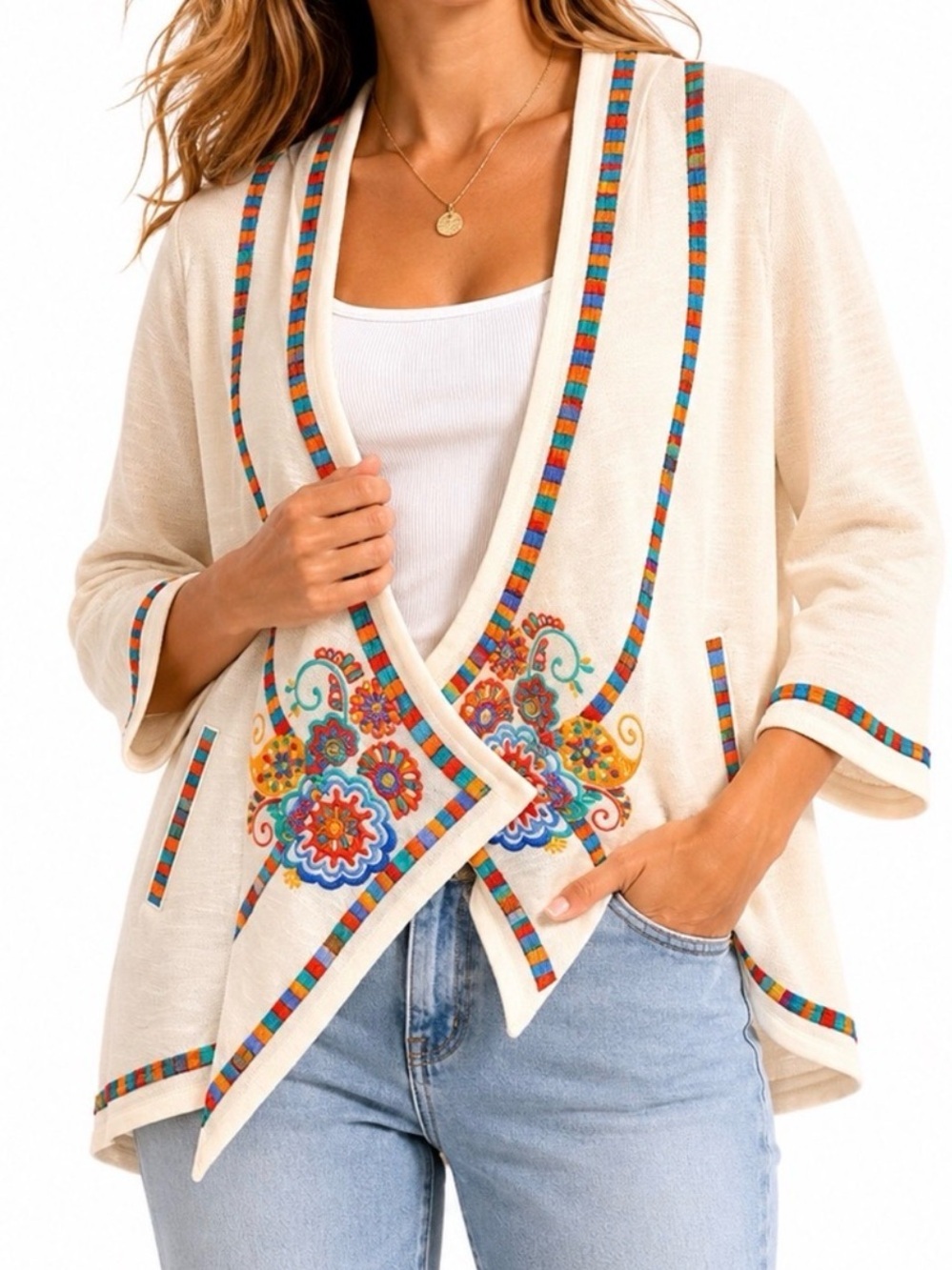 THML Anthropologie Embroidered Open Cardigan Hoodie All Season Cream S
